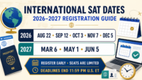 International SAT dates 2026–2027 calendar showing official test dates and registration reminder