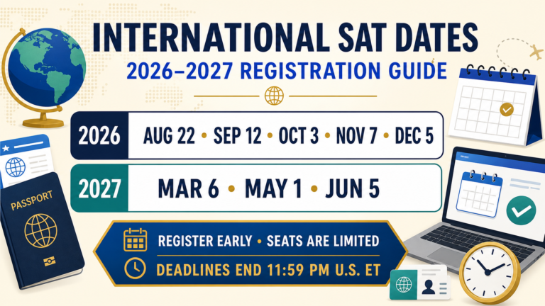 International SAT dates 2026–2027 calendar showing official test dates and registration reminder