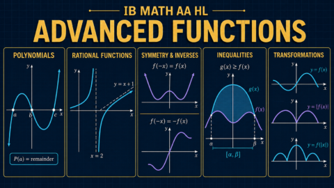 IB Math AA HL advanced functions map showing polynomials, rational asymptotes, symmetry, inequalities and modulus transformations