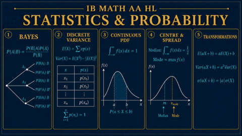 IB Math AA HL statistics and probability formulae diagram showing Bayes theorem, variance, continuous density and transformations
