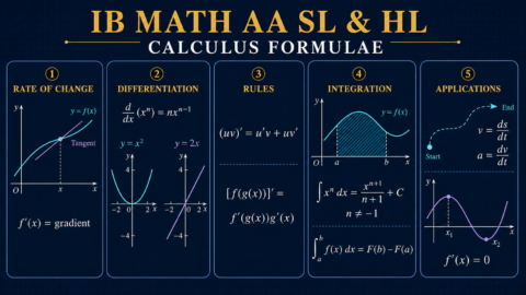 IB Math AA SL and HL calculus formulae diagram showing differentiation, rules, integration, motion and turning points