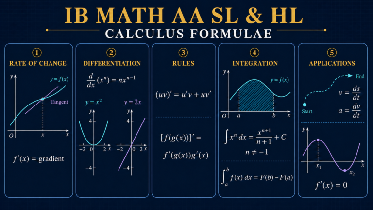 IB Math AA SL and HL calculus formulae diagram showing differentiation, rules, integration, motion and turning points