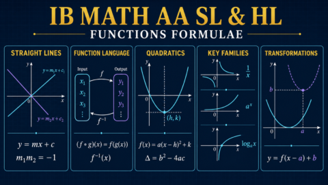 IB Math AA SL and HL functions formulae diagram covering lines, composition, quadratics, key graph families and transformations