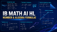 IB Math AI HL Number and Algebra formulae guide showing logarithms, rational exponents, infinite series, complex numbers, matrices and eigenvectors