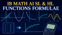 IB Math AI SL and HL functions formulae guide with linear, quadratic, exponential, logarithmic and sinusoidal graphs
