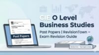 CIE O Level Business Studies past papers and revision guide by RevisionTown for exam preparation on a clean study desk with laptop displaying exam questions, business chart and globe icons