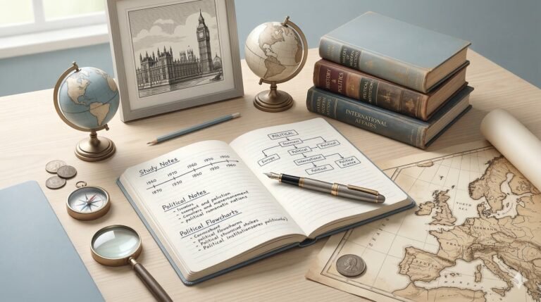 Study setup with history and politics materials including books, globe, and British Parliament for IGCSE and A Level revision – RevisionTown education blog