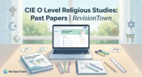 Study materials and religious symbols representing CIE O Level Religious Studies past papers for RevisionTown blog.