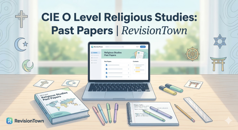 Study materials and religious symbols representing CIE O Level Religious Studies past papers for RevisionTown blog.