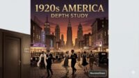 1920s America depth study illustration: Art Deco cityscape with flappers, jazz clubs, and Model T cars for RevisionTown history revision.