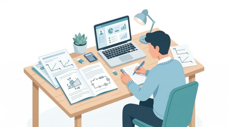 Student revising Cambridge O Level Physics past papers at a clean desk with exam sheets and diagrams