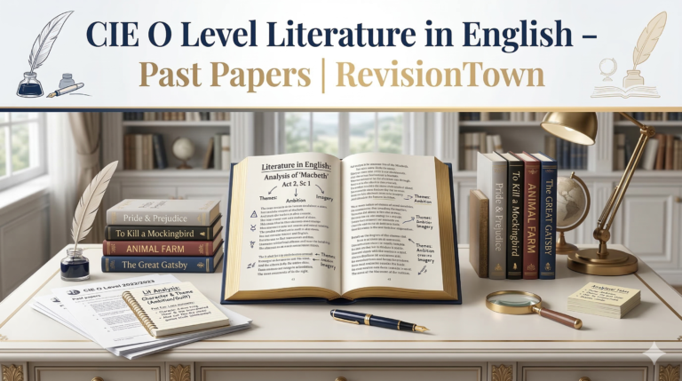 CIE O Level Literature in English past papers feature image for RevisionTown blog – elegant academic layout with books and study materials.