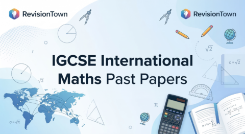 Cambridge IGCSE International Mathematics past papers for exam revision on RevisionTown, featuring clean academic design with math elements.