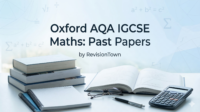 Feature image showing Oxford AQA IGCSE Maths past papers and study materials by RevisionTown with educational background.