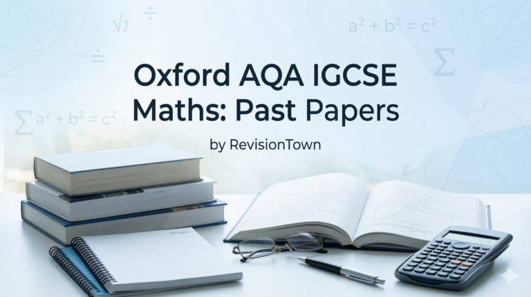 Feature image showing Oxford AQA IGCSE Maths past papers and study materials by RevisionTown with educational background.