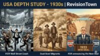 Illustrated timeline of USA depth study 1930s: Wall Street Crash 1929, Dust Bowl migrants, FDR New Deal policies for GCSE history revision on RevisionTown blog.