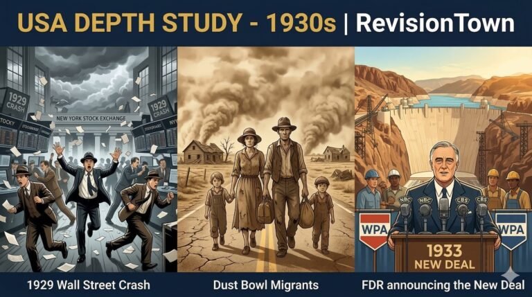 Illustrated timeline of USA depth study 1930s: Wall Street Crash 1929, Dust Bowl migrants, FDR New Deal policies for GCSE history revision on RevisionTown blog.