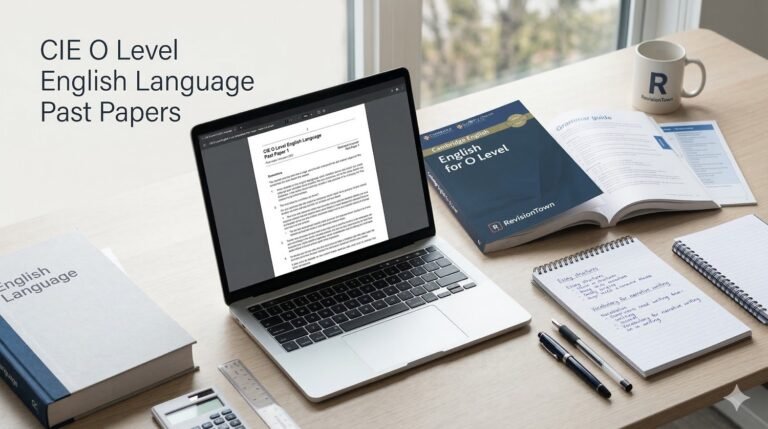 CIE O Level English Language past papers and notes on a study desk for RevisionTown blog post
