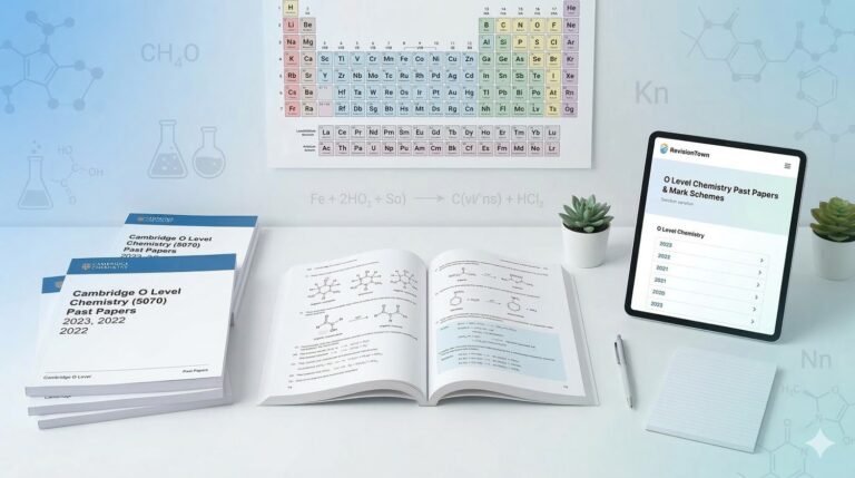 Cambridge O Level Chemistry past papers and textbook on a desk with RevisionTown website open for exam revision