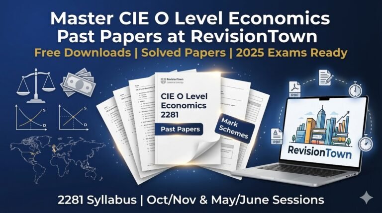 CIE O Level Economics 2281 past papers stack with RevisionTown logo, mark schemes, graphs on blue gradient background for exam prep