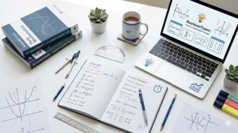 A‑Level Mathematics homework and revision image for RevisionTown — clean study workspace with math notes and laptop
