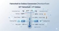Convert 32 degrees Fahrenheit to Celsius chart showing 32°F equals 0°C with a clean thermometer graphic.