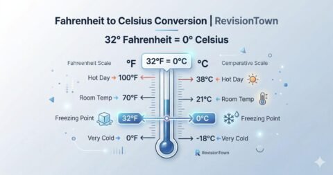Convert 32 degrees Fahrenheit to Celsius chart showing 32°F equals 0°C with a clean thermometer graphic.