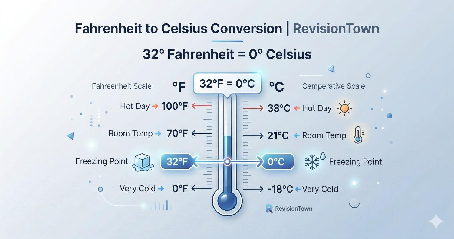 Convert 32 degrees Fahrenheit to Celsius chart showing 32°F equals 0°C with a clean thermometer graphic.