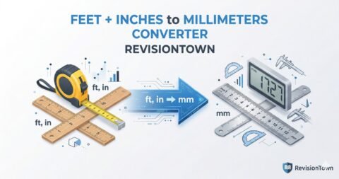 Feet and inches to millimeters converter visual — metric tape, ruler, and precision scale illustration by RevisionTown.