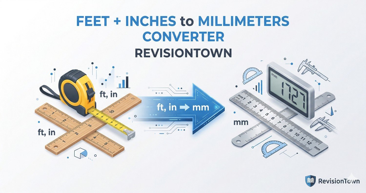 Feet and inches to millimeters converter visual — metric tape, ruler, and precision scale illustration by RevisionTown.