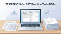 Printable SAT practice test PDFs on a desk with laptop showing free official SAT practice tests download, SAT answer sheet, and bubble sheet.