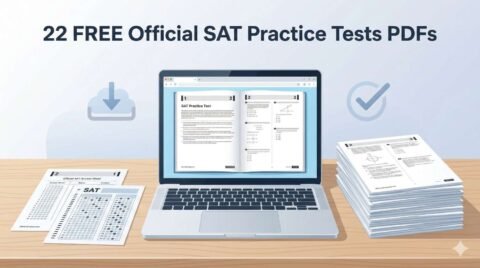 Printable SAT practice test PDFs on a desk with laptop showing free official SAT practice tests download, SAT answer sheet, and bubble sheet.