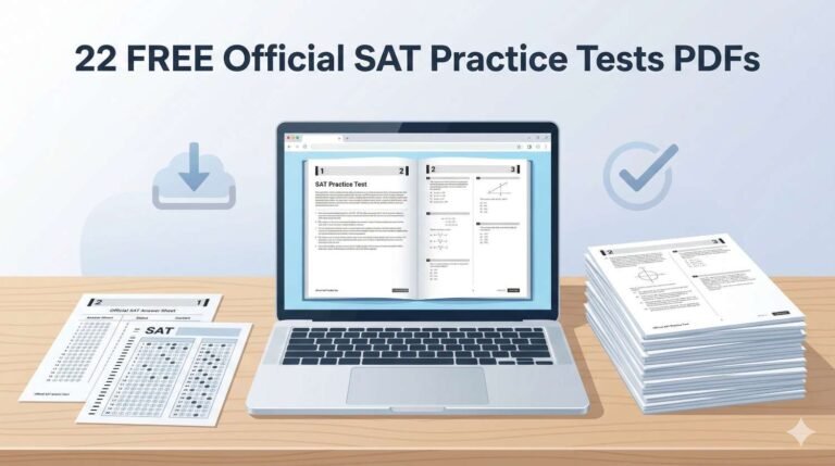 Printable SAT practice test PDFs on a desk with laptop showing free official SAT practice tests download, SAT answer sheet, and bubble sheet.