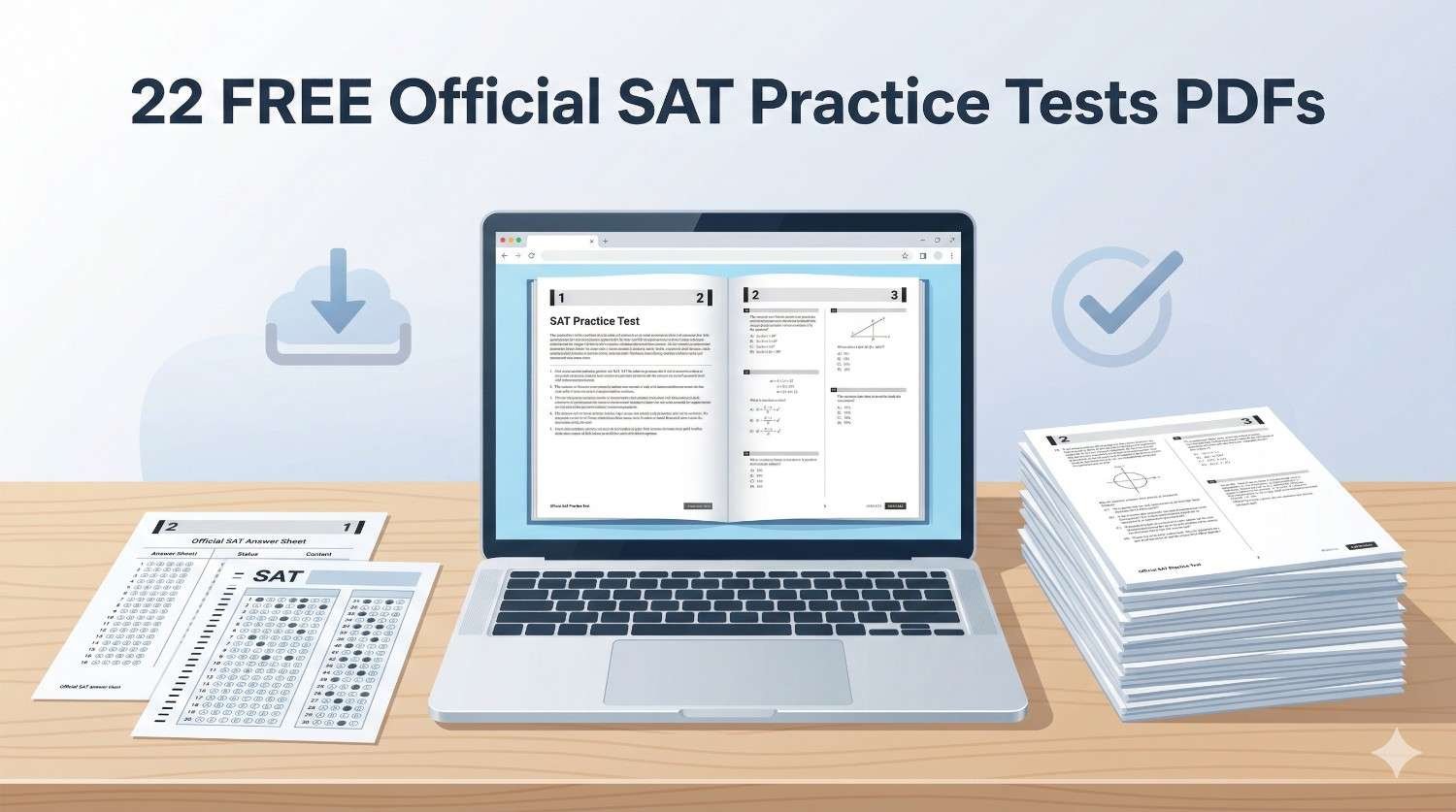 Printable SAT practice test PDFs on a desk with laptop showing free official SAT practice tests download, SAT answer sheet, and bubble sheet.