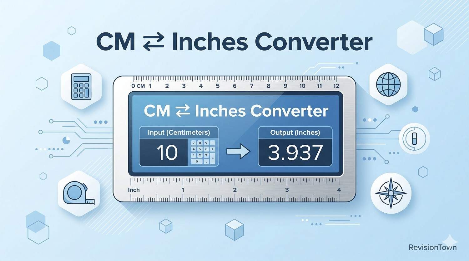 Professional CM to Inches Converter illustration with calculator and measuring scale by RevisionTown