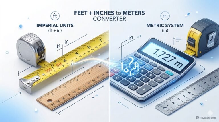Feet and inches to meters converter illustration with ruler, tape, and calculator — metric conversion infographic by RevisionTown.