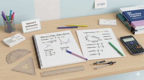 Open math notebook with formulas, calculator, and geometry tools on a clean study desk – National 5 Mathematics homework and revision concept.