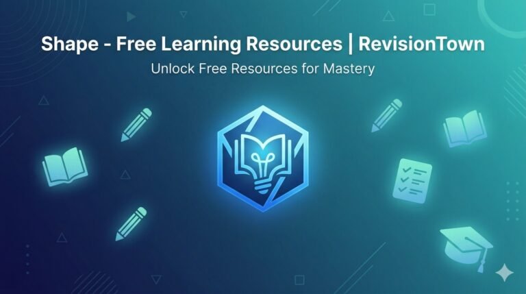 Shape free learning resources RevisionTown blog feature image with geometric icons books and educational graphics.