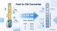 Professional illustration showing measurement scale and unit conversion from feet to centimeters for RevisionTown.