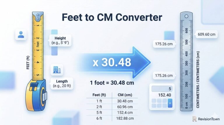 Professional illustration showing measurement scale and unit conversion from feet to centimeters for RevisionTown.