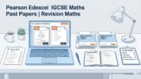 Pearson Edexcel IGCSE Maths past papers and revision resources for students preparing for 4MA1 and 4MB1 exams on a laptop and printed booklet.
