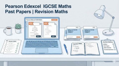 Pearson Edexcel IGCSE Maths past papers and revision resources for students preparing for 4MA1 and 4MB1 exams on a laptop and printed booklet.