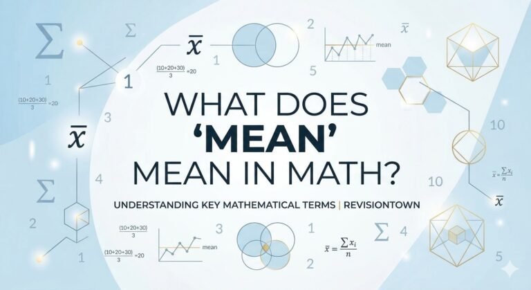 Conceptual image showing mathematical symbols like mean, average, and equations — illustrating the idea “What Does ‘Mean’ Mean in Math?” for RevisionTown educational blog.