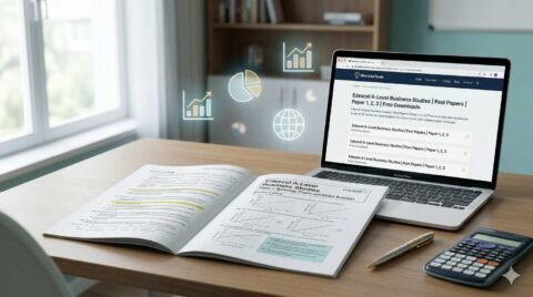 Edexcel A-Level Business Studies past papers on RevisionTown desk setup for exam revision