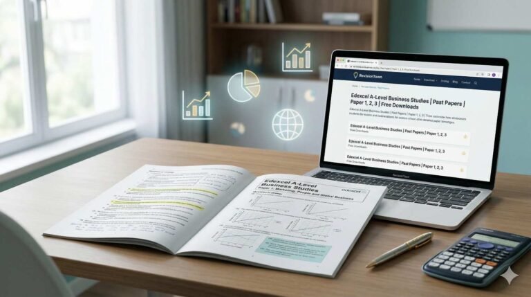 Edexcel A-Level Business Studies past papers on RevisionTown desk setup for exam revision