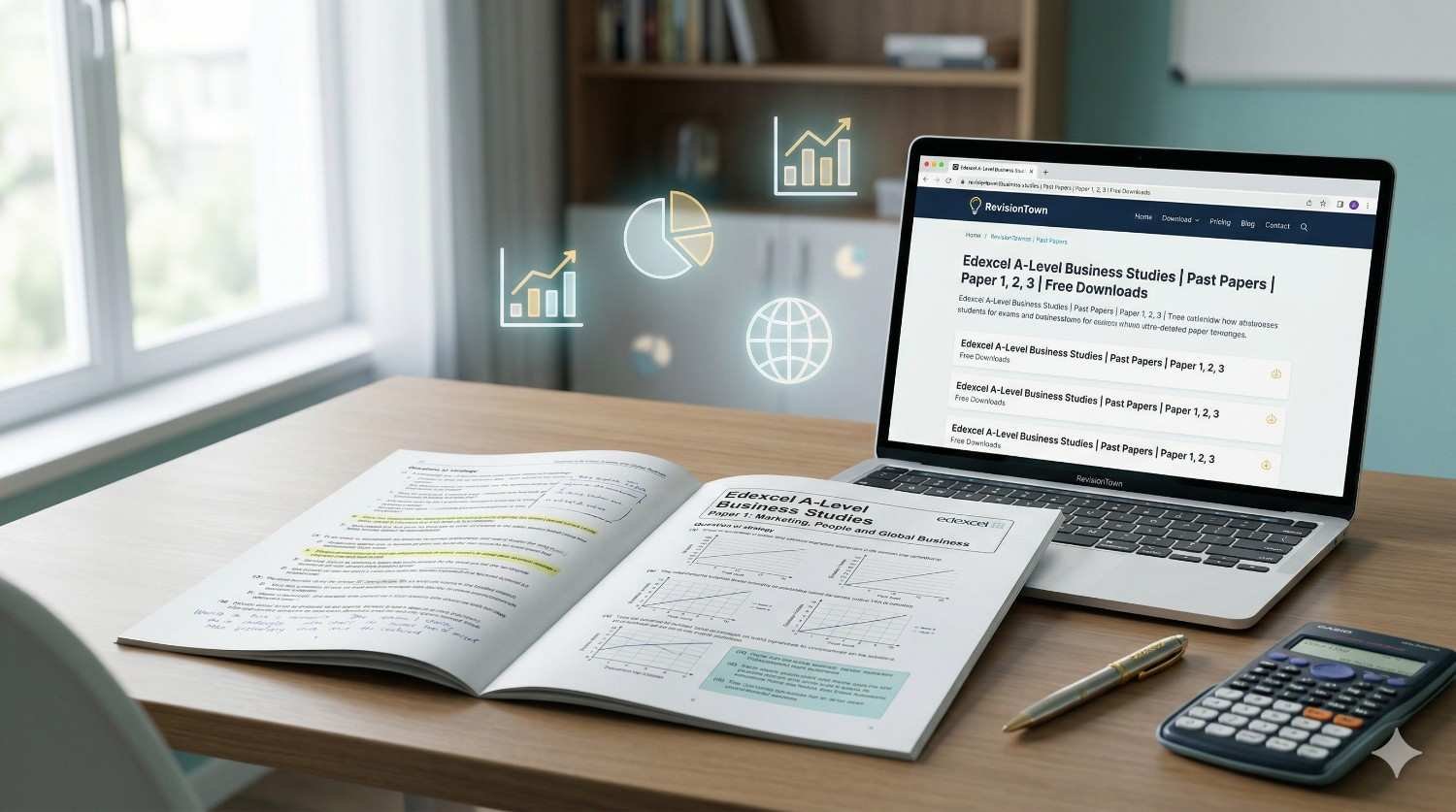 Edexcel A-Level Business Studies past papers on RevisionTown desk setup for exam revision
