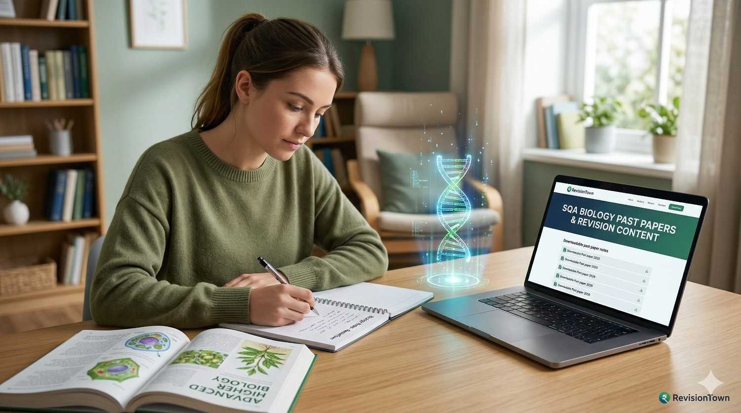 Student revising biology SQA past papers at desk with laptop, DNA model, and study notes