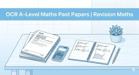 OCR A‑Level Maths past papers and revision study materials on a clean desk, including exam papers, calculator, and notebook with equations, for “OCR A‑Level Maths Past Papers | Revision Maths”