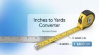 Inches to Yards Converter – Visual measurement conversion chart showing inches converting into yards with ruler and tape, by RevisionTown.