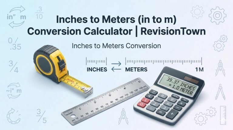 Inches to meters conversion calculator illustration showing ruler, calculator, and metric scale — educational banner for RevisionTown blog.